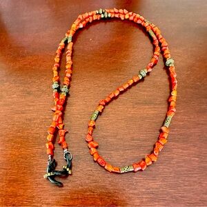 Natural coral chain for eyeglasses, baroque coral beads with bronze accents